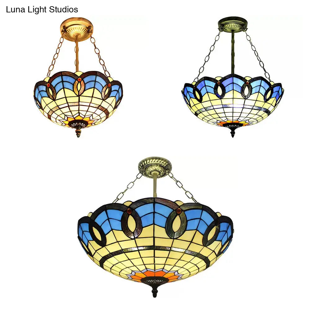 DecorBites™ DecorBites™ Stained Glass Inverted Ceiling Lamp - Tiffany Baroque Semi Flushmount Light in Beige/Yellow/Antique Bronze - Multiple Sizes Available