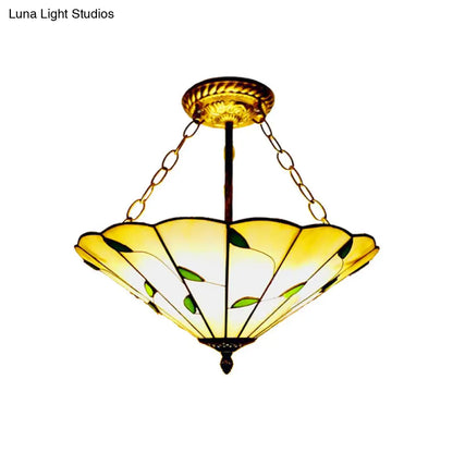 Stained Glass Inverted Ceiling Light - Lodge Style Multi Light Semi Flush Mount in Beige (19.5"/16" Width)