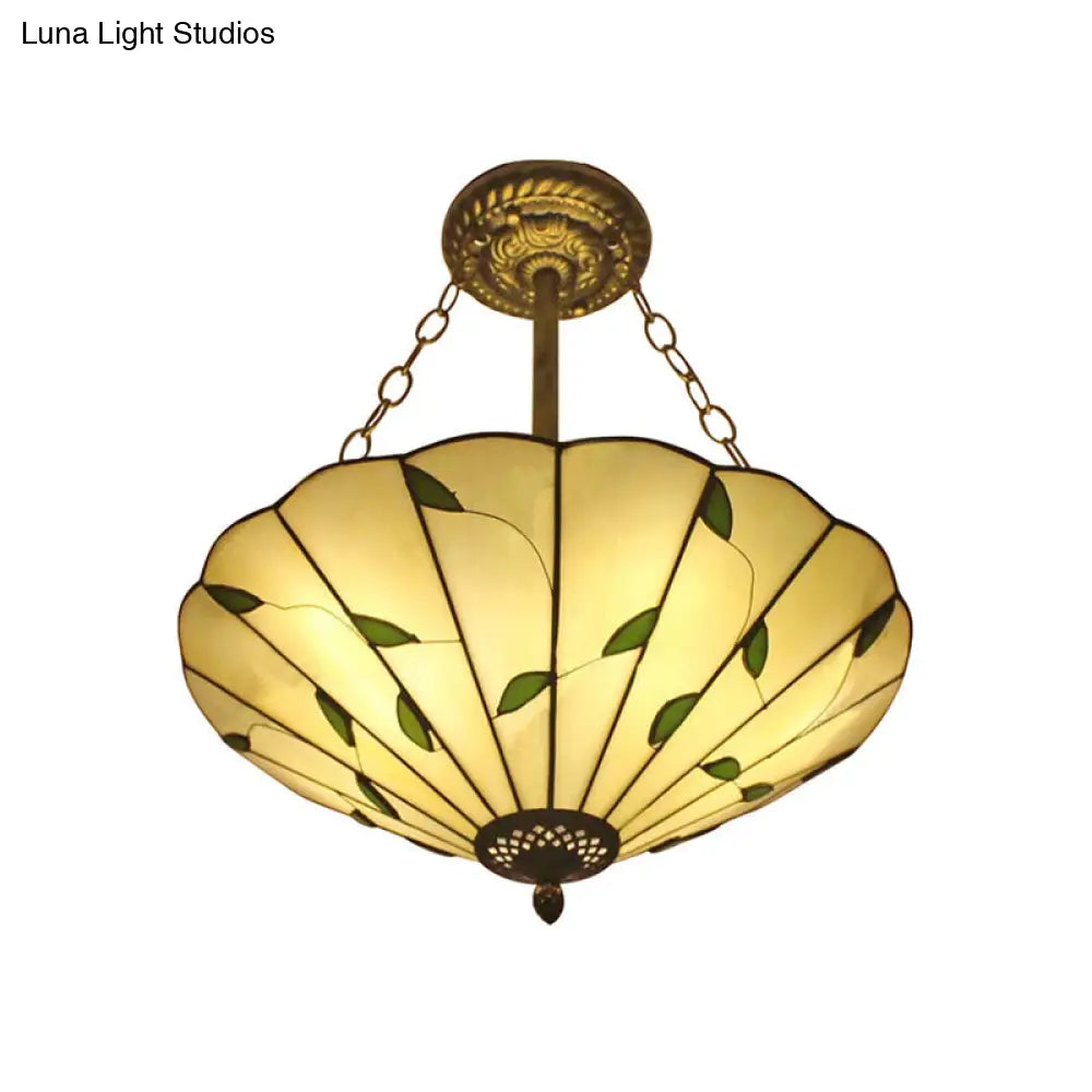 Stained Glass Inverted Ceiling Light - Lodge Style Multi Light Semi Flush Mount in Beige (19.5"/16" Width)