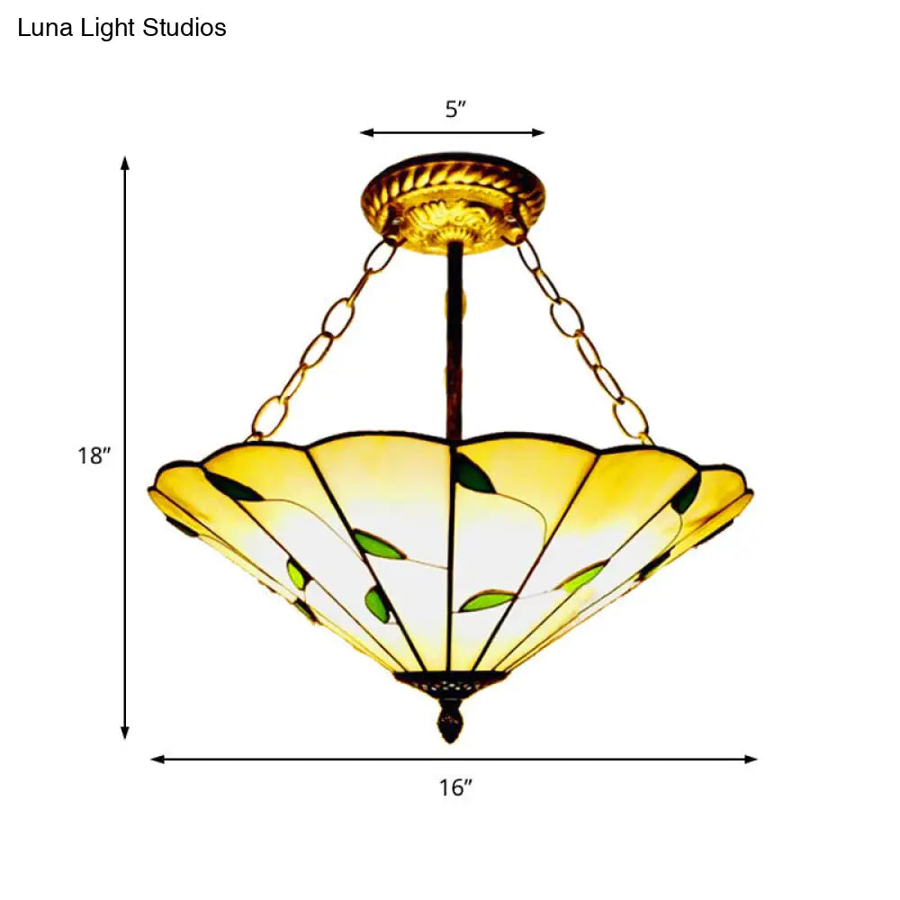 Stained Glass Inverted Ceiling Light - Lodge Style Multi Light Semi Flush Mount in Beige (19.5"/16" Width)