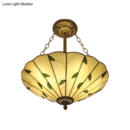 Stained Glass Inverted Ceiling Light - Lodge Style Multi Light Semi Flush Mount in Beige (19.5"/16" Width)