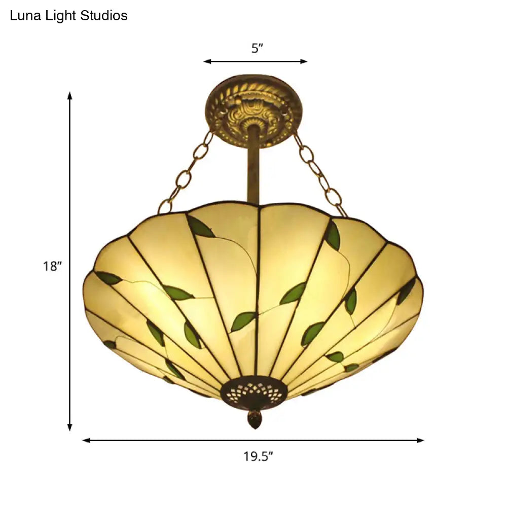 Stained Glass Inverted Ceiling Light - Lodge Style Multi Light Semi Flush Mount in Beige (19.5"/16" Width)