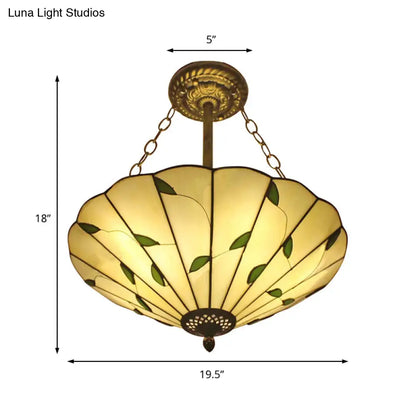 Stained Glass Inverted Ceiling Light - Lodge Style Multi Light Semi Flush Mount in Beige (19.5"/16" Width)