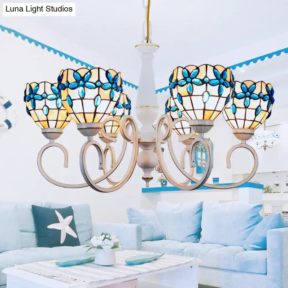 Stained Glass Inverted Chandelier with Floral Jewel Pattern - Lodge Domed Pendant Lighting (3/6/8 Lights, Beige)