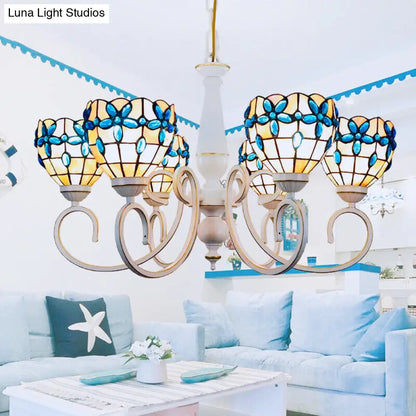 Stained Glass Inverted Chandelier with Floral Jewel Pattern - Lodge Domed Pendant Lighting (3/6/8 Lights, Beige)