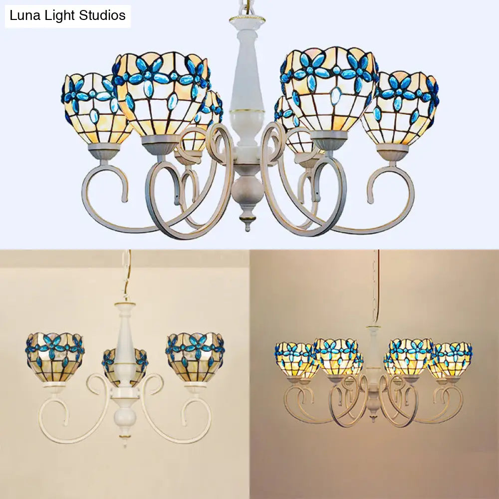 Stained Glass Inverted Chandelier with Floral Jewel Pattern - Lodge Domed Pendant Lighting (3/6/8 Lights, Beige)