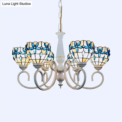 Stained Glass Inverted Chandelier with Floral Jewel Pattern - Lodge Domed Pendant Lighting (3/6/8 Lights, Beige)