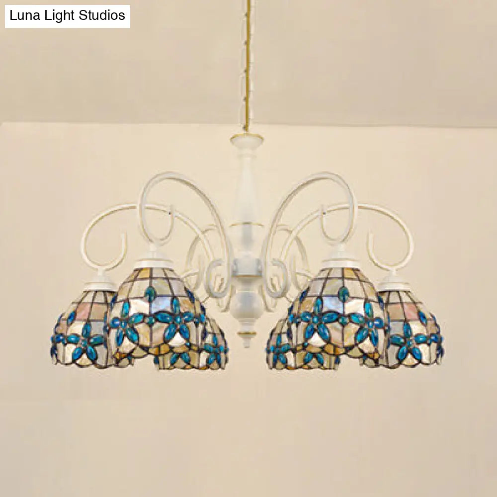 Stained Glass Inverted Chandelier with Floral Jewel Pattern - Lodge Domed Pendant Lighting (3/6/8 Lights, Beige)