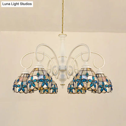 Stained Glass Inverted Chandelier with Floral Jewel Pattern - Lodge Domed Pendant Lighting (3/6/8 Lights, Beige)