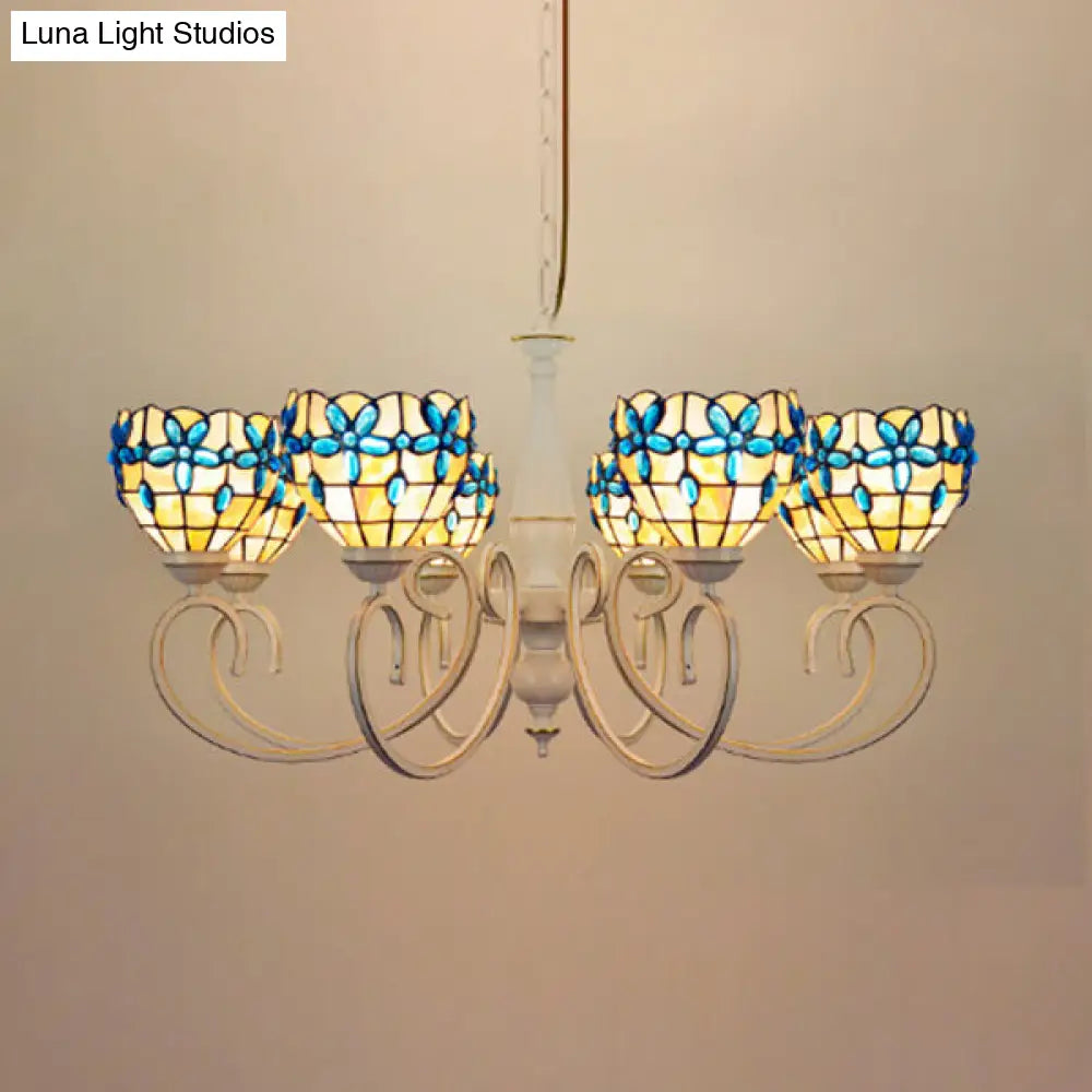 Stained Glass Inverted Chandelier with Floral Jewel Pattern - Lodge Domed Pendant Lighting (3/6/8 Lights, Beige)