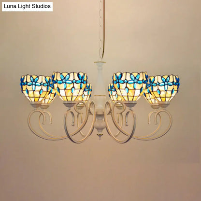 Stained Glass Inverted Chandelier with Floral Jewel Pattern - Lodge Domed Pendant Lighting (3/6/8 Lights, Beige)