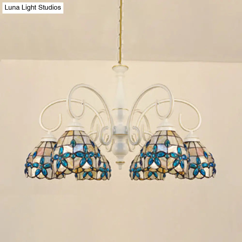 Stained Glass Inverted Chandelier with Floral Jewel Pattern - Lodge Domed Pendant Lighting (3/6/8 Lights, Beige)