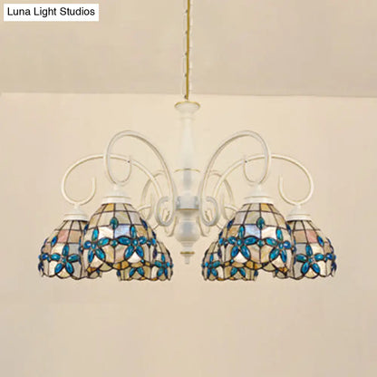Stained Glass Inverted Chandelier with Floral Jewel Pattern - Lodge Domed Pendant Lighting (3/6/8 Lights, Beige)