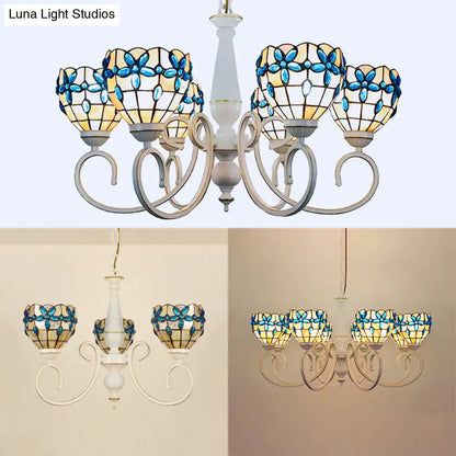 Stained Glass Inverted Chandelier with Floral Jewel Pattern - Lodge Domed Pendant Lighting (3/6/8 Lights, Beige)