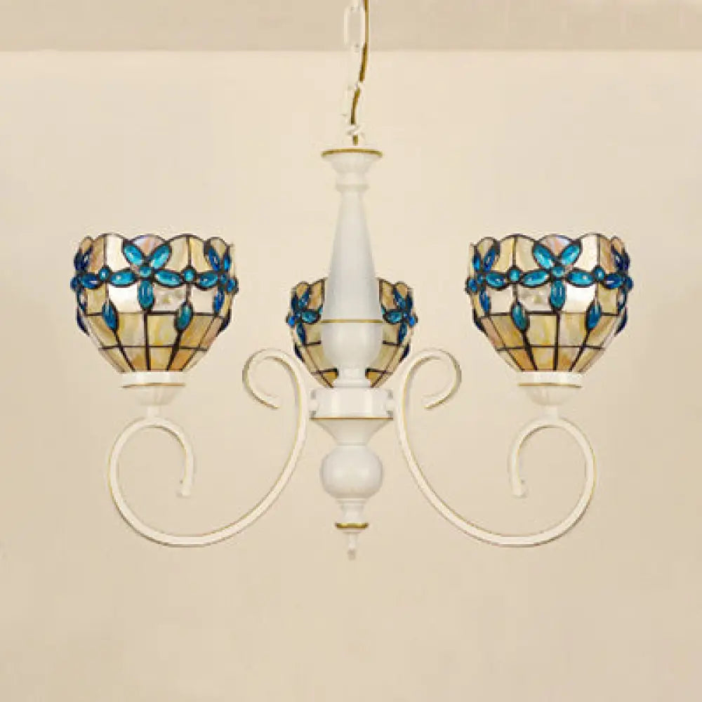 Stained Glass Inverted Chandelier with Floral Jewel Pattern - Lodge Domed Pendant Lighting (3/6/8 Lights, Beige)