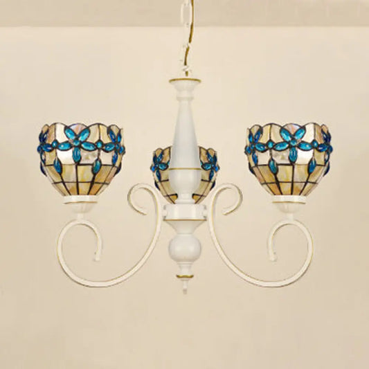 Stained Glass Inverted Chandelier with Floral Jewel Pattern - Lodge Domed Pendant Lighting (3/6/8 Lights, Beige)