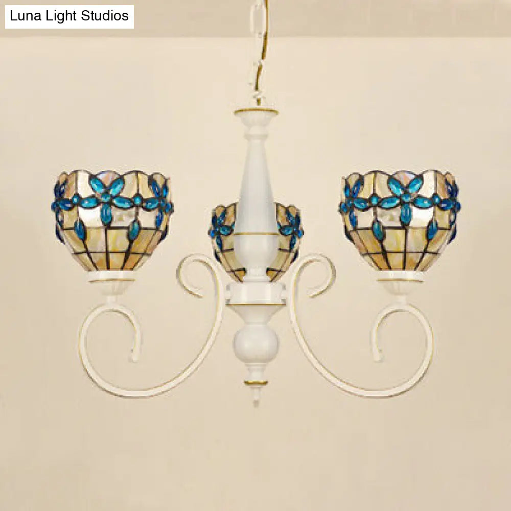 Stained Glass Inverted Chandelier with Floral Jewel Pattern - Lodge Domed Pendant Lighting (3/6/8 Lights, Beige)