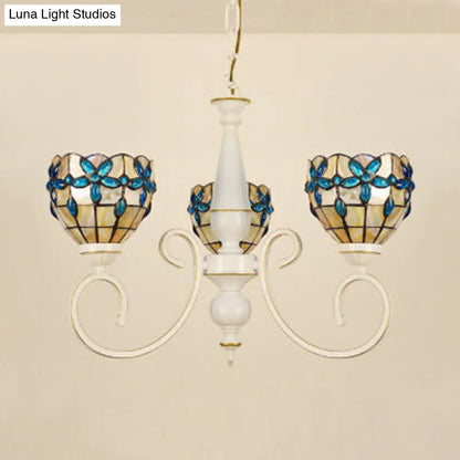 Stained Glass Inverted Chandelier with Floral Jewel Pattern - Lodge Domed Pendant Lighting (3/6/8 Lights, Beige)