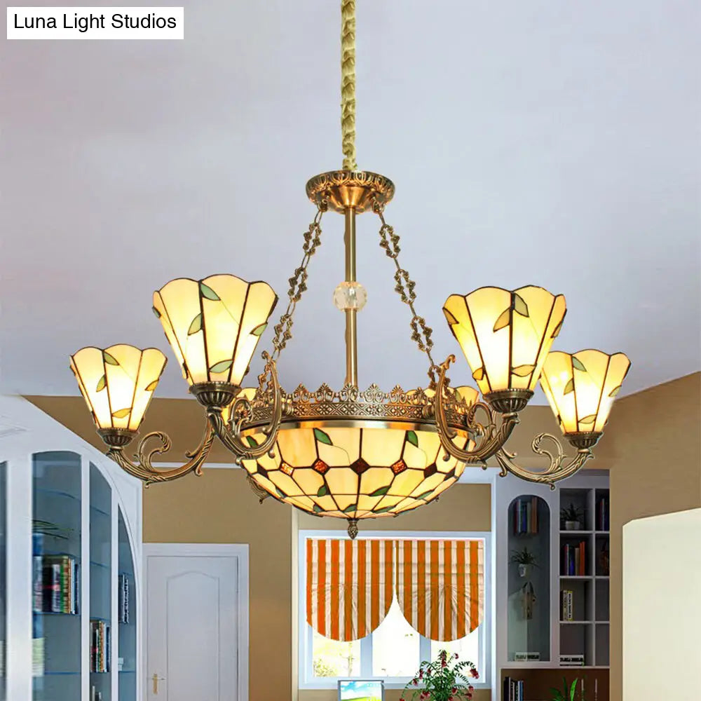 Stained Glass Leaf Chandelier with 9 Lights, Bowl and Cone Shades