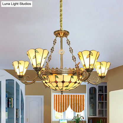 Stained Glass Leaf Chandelier with 9 Lights, Bowl and Cone Shades
