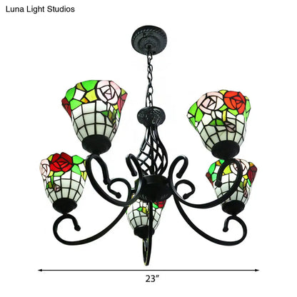 Stained Glass Lodge Chandelier - Rose Hanging Light Fixture with 5-Light Suspension - Black Finish
