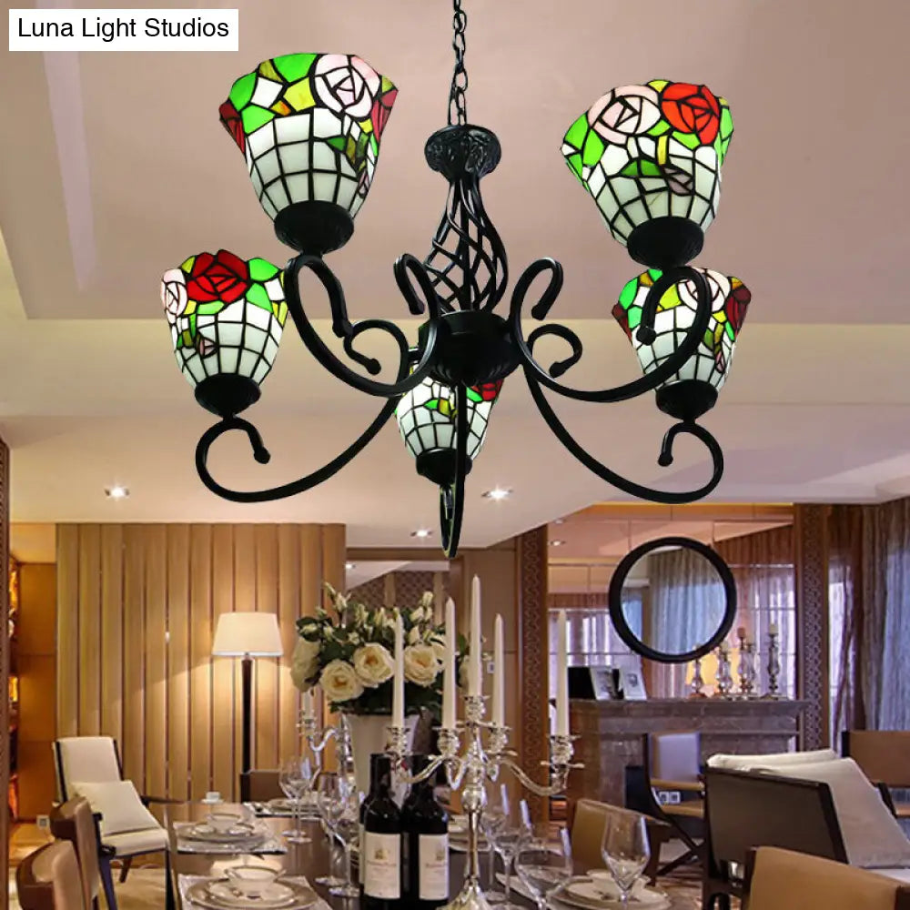 Stained Glass Lodge Chandelier - Rose Hanging Light Fixture with 5-Light Suspension - Black Finish