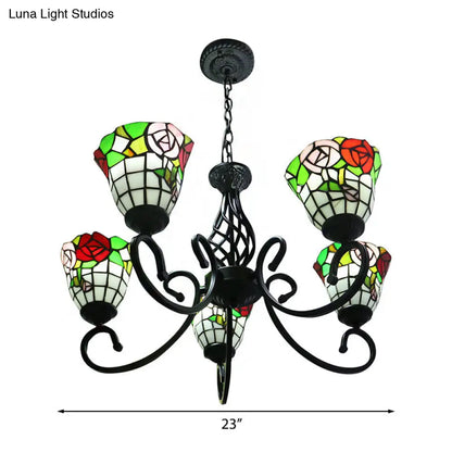 Stained Glass Lodge Chandelier - Rose Hanging Light Fixture with 5-Light Suspension - Black Finish