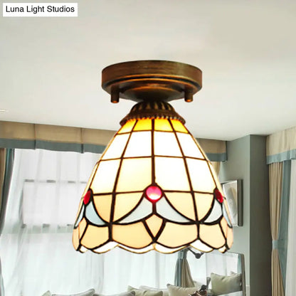 Stained Glass Magnolia Mini Flush Mount Ceiling Light for Bedroom