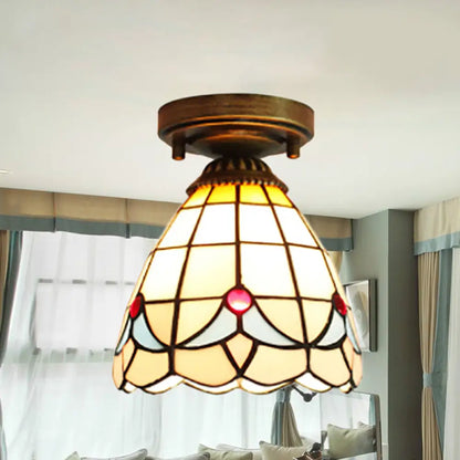 Stained Glass Magnolia Mini Flush Mount Ceiling Light for Bedroom