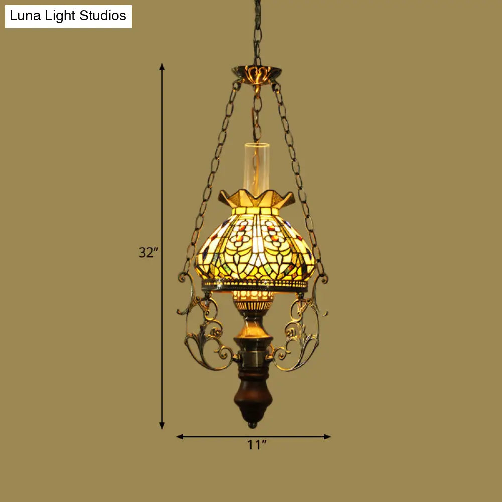 Stained Glass Mediterranean Hanging Ceiling Light with Green Blossom Design