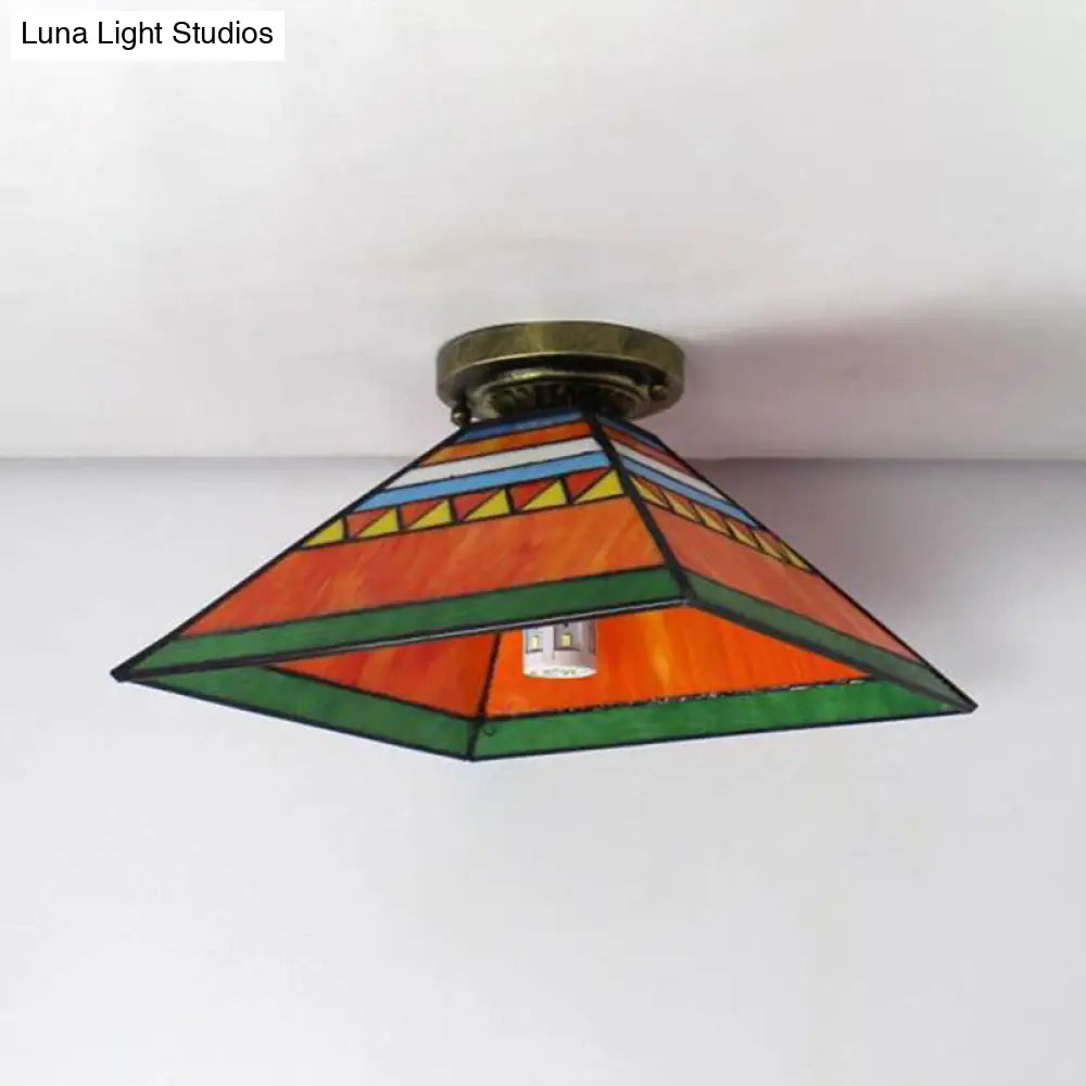 Stained Glass Mini Flush Mount Light for Kitchen - Pink/Orange Pyramid Craftsman Design