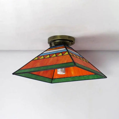 Stained Glass Mini Flush Mount Light for Kitchen - Pink/Orange Pyramid Craftsman Design