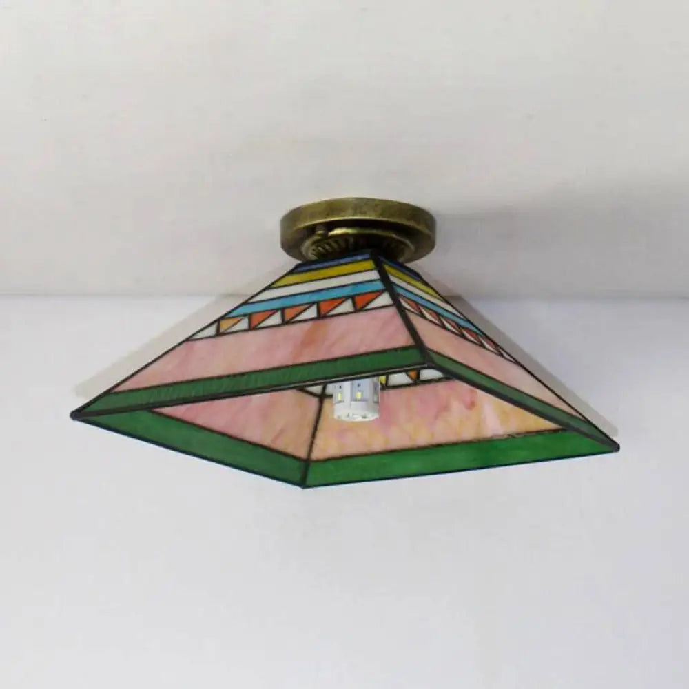 Stained Glass Mini Flush Mount Light for Kitchen - Pink/Orange Pyramid Craftsman Design