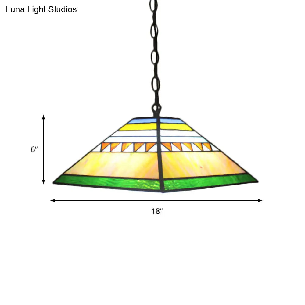 Stained Glass Pyramid Pendant Light - Tiffany-Style Hanging Lamp in a Vibrant Orange/Yellow Hue for Hallways