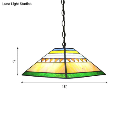 Stained Glass Pyramid Pendant Light - Tiffany-Style Hanging Lamp in a Vibrant Orange/Yellow Hue for Hallways