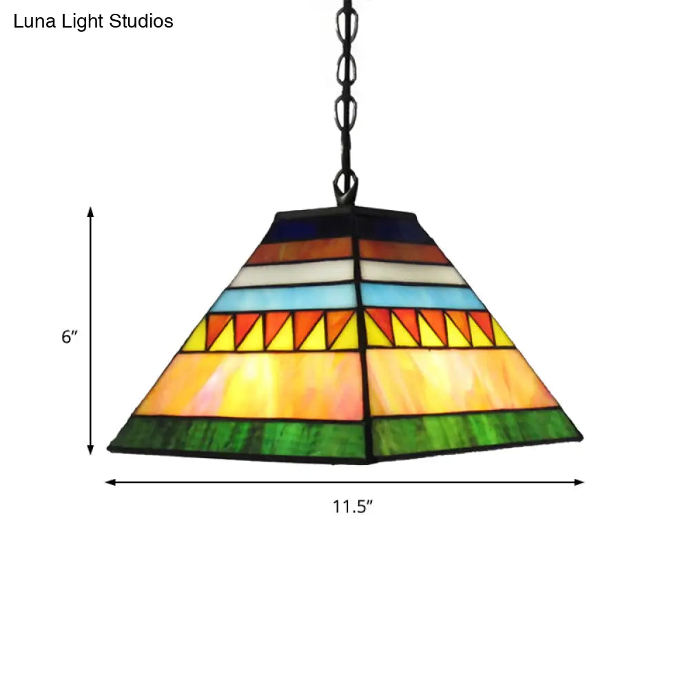 Stained Glass Pyramid Pendant Light - Tiffany-Style Hanging Lamp in a Vibrant Orange/Yellow Hue for Hallways