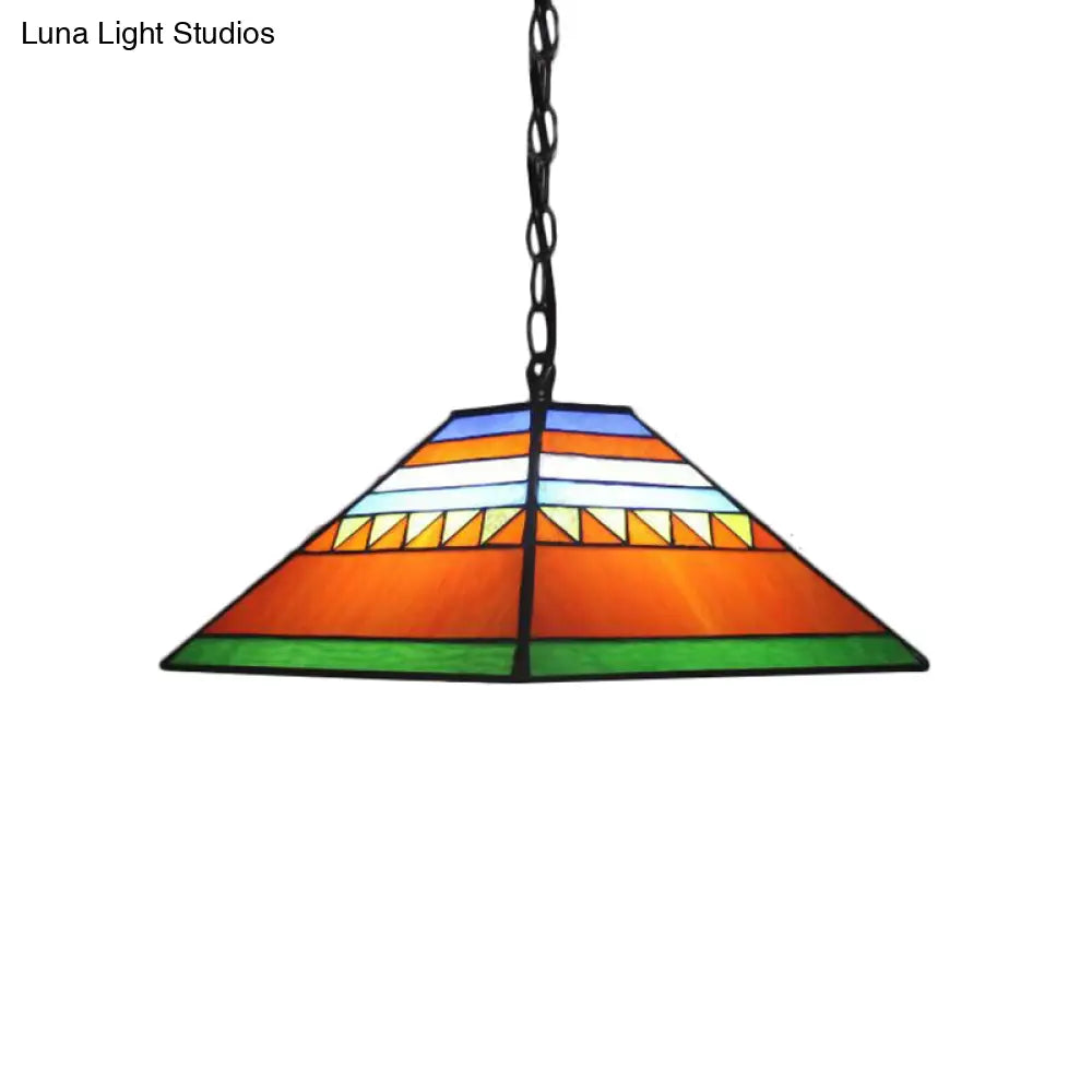 Stained Glass Pyramid Pendant Light - Tiffany-Style Hanging Lamp in a Vibrant Orange/Yellow Hue for Hallways