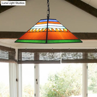 Stained Glass Pyramid Pendant Light - Tiffany-Style Hanging Lamp in a Vibrant Orange/Yellow Hue for Hallways