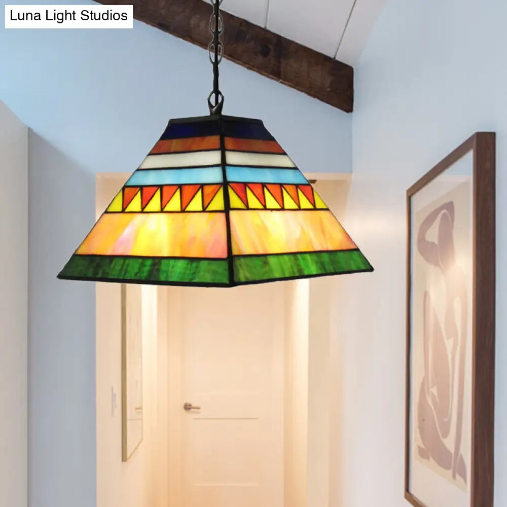 Stained Glass Pyramid Pendant Light - Tiffany-Style Hanging Lamp in a Vibrant Orange/Yellow Hue for Hallways