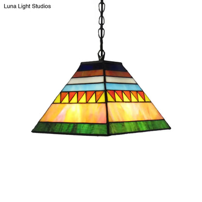 Stained Glass Pyramid Pendant Light - Tiffany-Style Hanging Lamp in a Vibrant Orange/Yellow Hue for Hallways