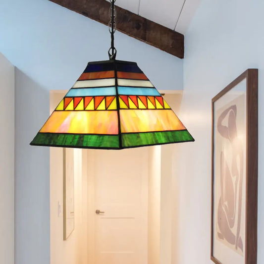 Stained Glass Pyramid Pendant Light - Tiffany-Style Hanging Lamp in a Vibrant Orange/Yellow Hue for Hallways