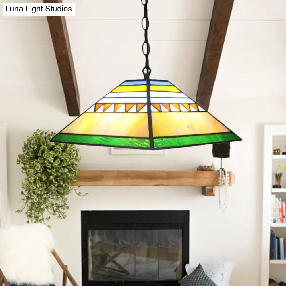 Stained Glass Pyramid Pendant Light - Tiffany-Style Hanging Lamp in a Vibrant Orange/Yellow Hue for Hallways