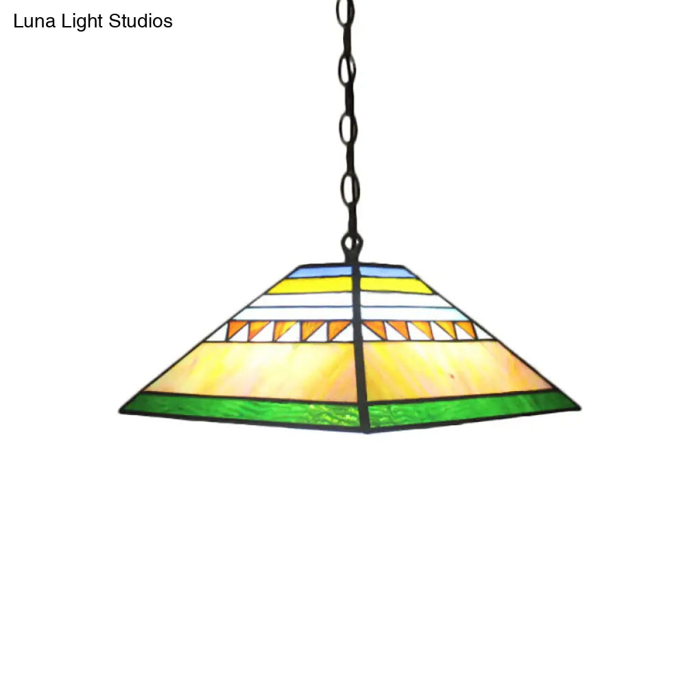 Stained Glass Pyramid Pendant Light - Tiffany-Style Hanging Lamp in a Vibrant Orange/Yellow Hue for Hallways