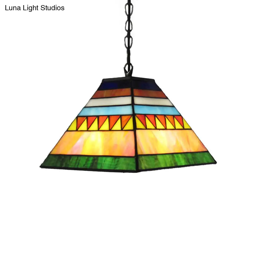 Stained Glass Pyramid Pendant Light - Tiffany-Style Hanging Lamp in a Vibrant Orange/Yellow Hue for Hallways