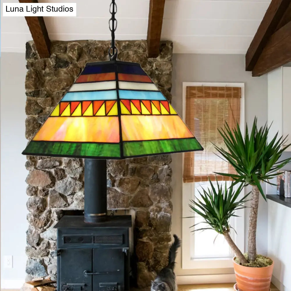 Stained Glass Pyramid Pendant Light - Tiffany-Style Hanging Lamp in a Vibrant Orange/Yellow Hue for Hallways