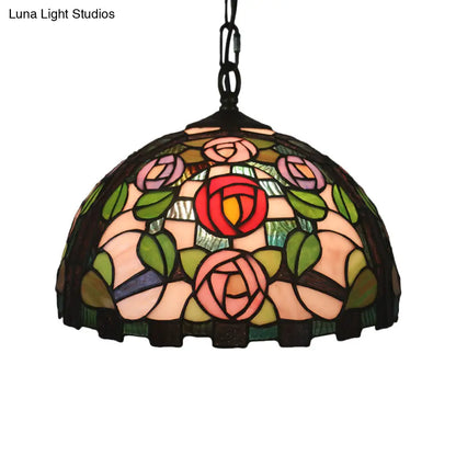 Stained Glass Rose Pattern Pendant Light with Dome Shade - Mediterranean Style