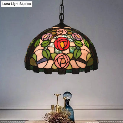 Stained Glass Rose Pattern Pendant Light with Dome Shade - Mediterranean Style