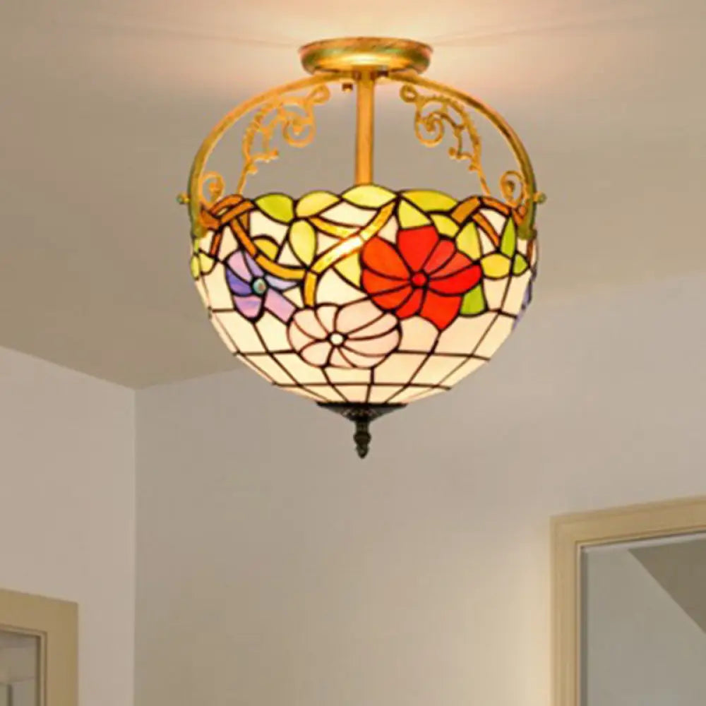 Stained Glass Rose Semi Flush Mount Lighting - Elegant 2-Light Mediterranean Ceiling Fixture in Red/Pink/Blue