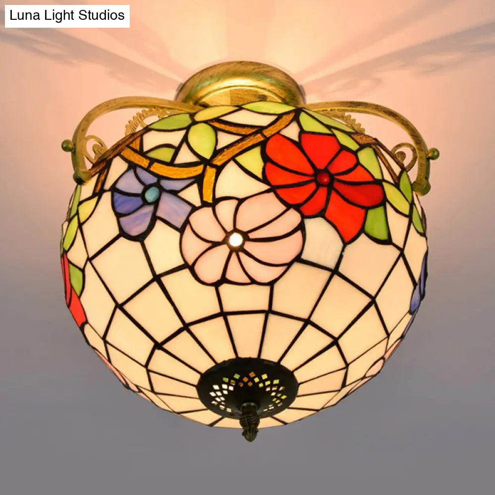 Stained Glass Rose Semi Flush Mount Lighting - Elegant 2-Light Mediterranean Ceiling Fixture in Red/Pink/Blue