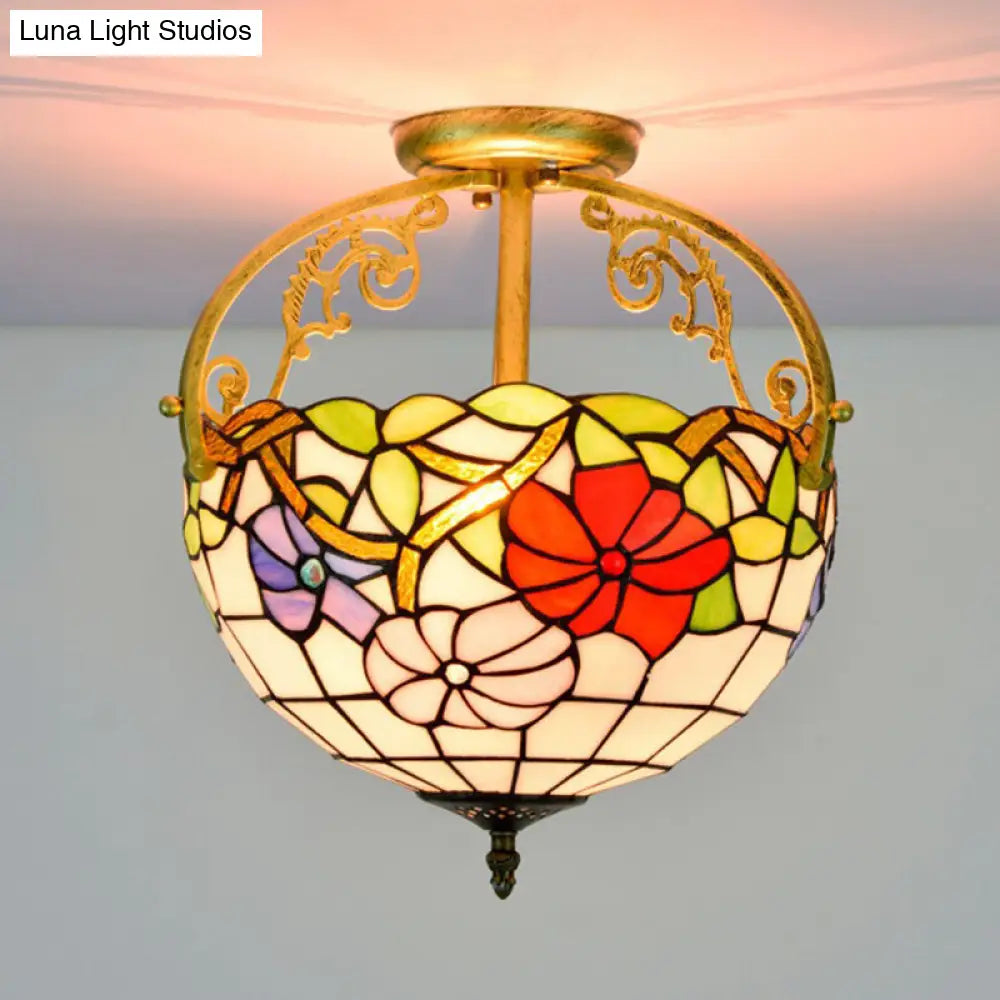 Stained Glass Rose Semi Flush Mount Lighting - Elegant 2-Light Mediterranean Ceiling Fixture in Red/Pink/Blue